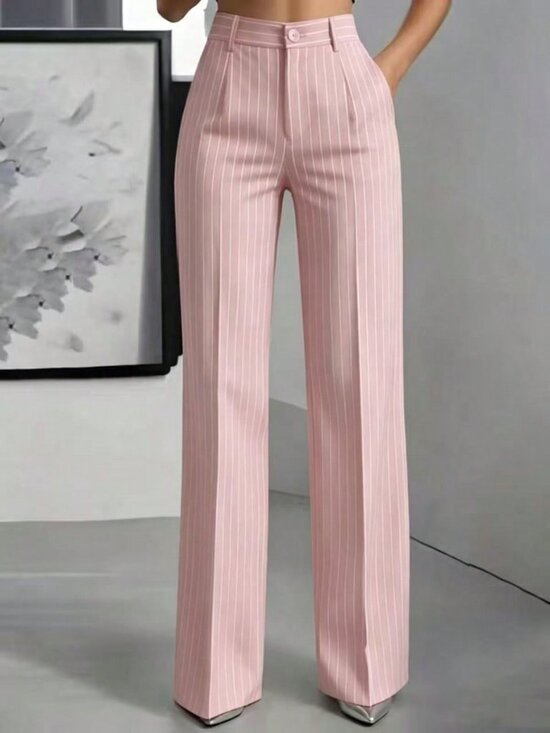 Pants - Light Pink Casual Women's High Waist Pinstripe Wide Leg Pants